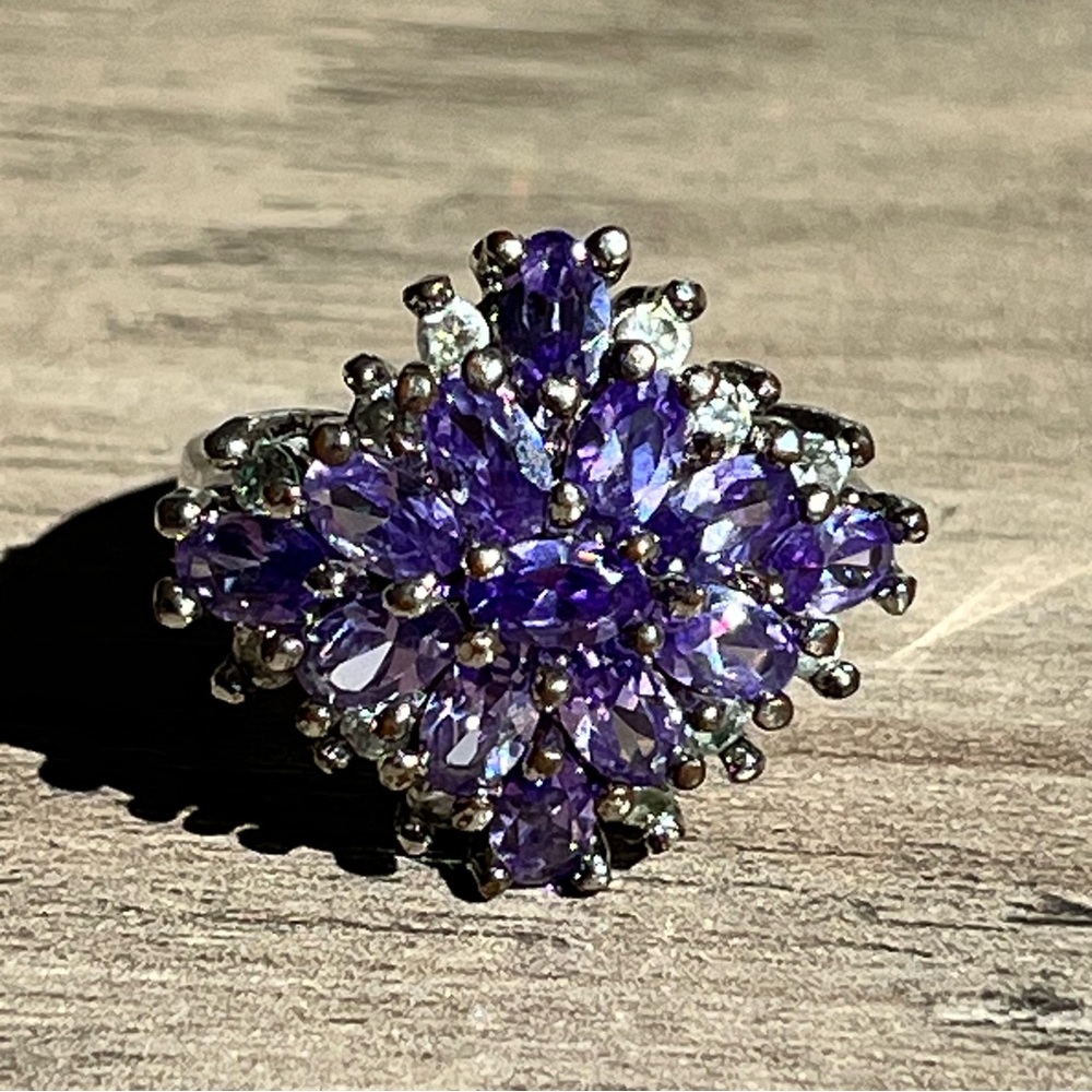 Sparkling Stunning Silver Toned Amethyst and White Cubic Zirconia Ring